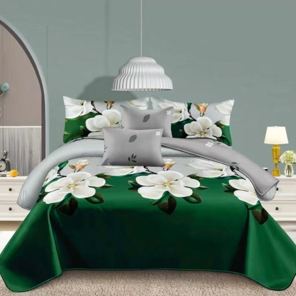Lenjerie pat dublu (140x200cm, 160x200cm, 180x200cm), bumbac satinat, cearsaf clasic, 4 piese, Gri, Verde, Flori [1]