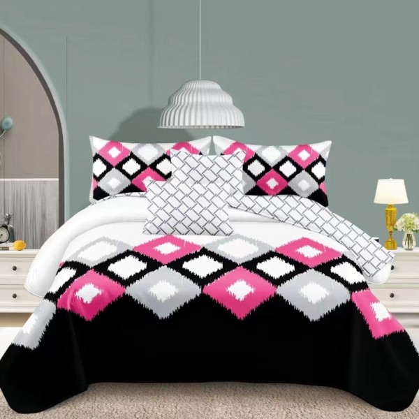 Lenjerie pat dublu (140x200cm, 160x200cm, 180x200cm), bumbac satinat, cearsaf clasic, 4 piese, Alb, Negru, Forme Geometrice [1]