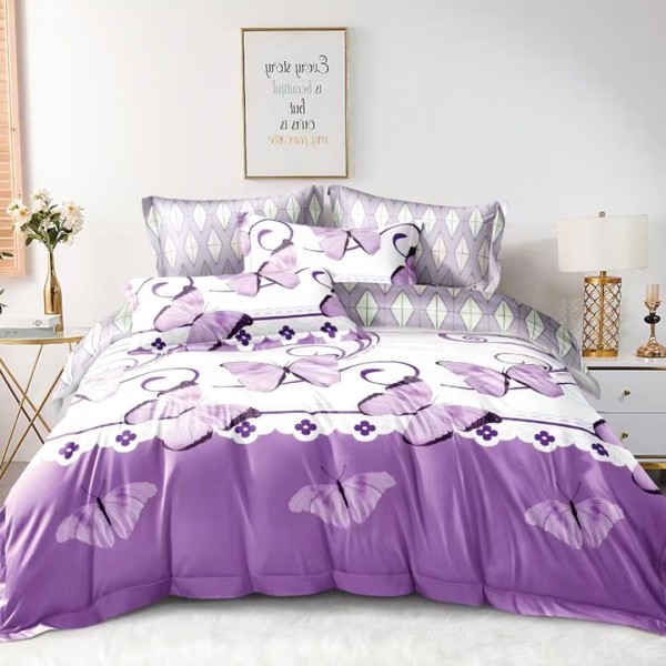 Lenjerie pat dublu (140x200cm, 160x200cm, 180x200cm), bumbac satinat, cearsaf clasic, 4 piese, Lila, Mov, Fluturi [1]