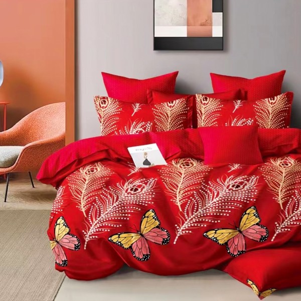 Lenjerie pat dublu (140x200cm, 160x200cm, 180x200cm), bumbac satinat, cearsaf clasic, 4 piese, Rosu, Pene, Fluturi [1]
