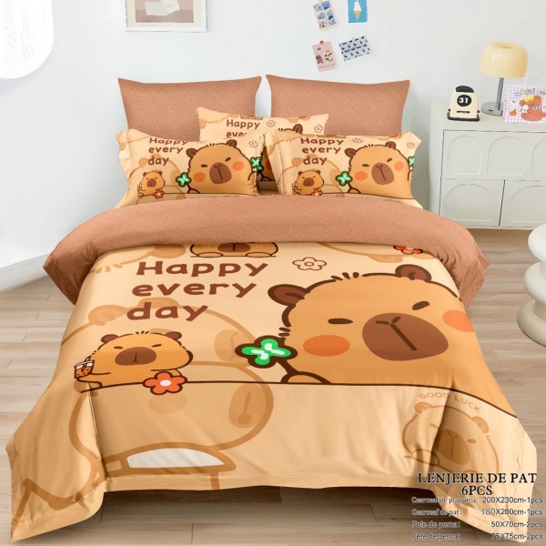 Lenjerie pat dublu (160x200cm, 180x200cm), FINET, cu ELASTIC, 6 piese, IDENTICA CU POZA, Bej, Maroniu, Capibara, Happy every day [1]