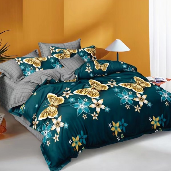 Lenjerie pat dublu (140x200cm, 160x200cm, 180x200cm), bumbac satinat, cearsaf clasic, 4 piese, Turquoise, Gri, Fluturi [1]