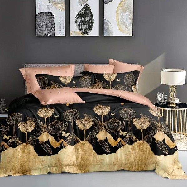 Lenjerie pat dublu (140x200cm, 160x200cm, 180x200cm), bumbac satinat, cearsaf clasic, 4 piese, Negru, Bej, Lalele [1]