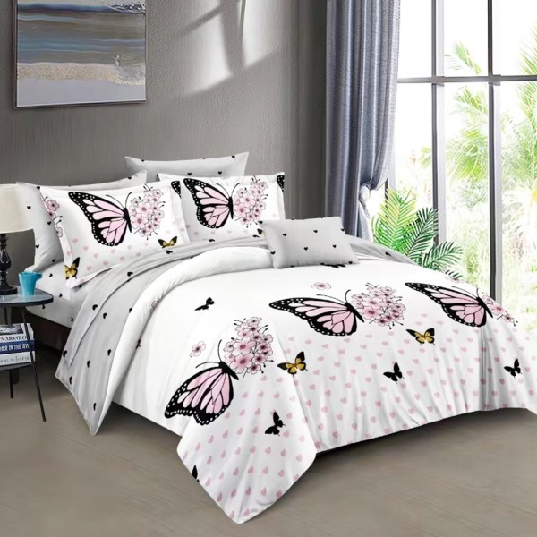 Lenjerie pat dublu (140x200cm, 160x200cm, 180x200cm), bumbac satinat, cearsaf clasic, 4 piese, Alb, Gri, Negru, Fluturi, Inimioare [1]