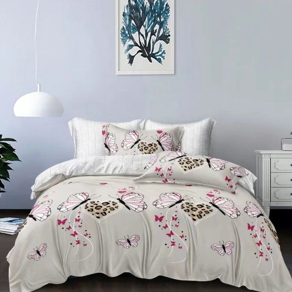 Lenjerie pat dublu (140x200cm, 160x200cm, 180x200cm), bumbac satinat, cearsaf clasic, 4 piese, Bej, Fluturi, Inimioare [1]