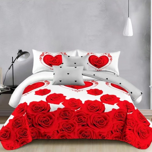 Lenjerie pat dublu (140x200cm, 160x200cm, 180x200cm), bumbac satinat, cearsaf clasic, 4 piese, Alb, Rosu, Trandafiri [1]