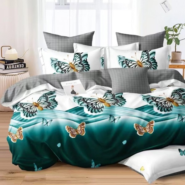 Lenjerie pat dublu (140x200cm, 160x200cm, 180x200cm), bumbac satinat, cearsaf clasic, 4 piese, Alb, Verde, Fluturi [1]