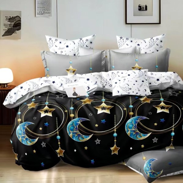 Lenjerie pat dublu (140x200cm, 160x200cm, 180x200cm), bumbac satinat, cearsaf clasic, 4 piese, Alb, Negru, Stele si Luna [1]