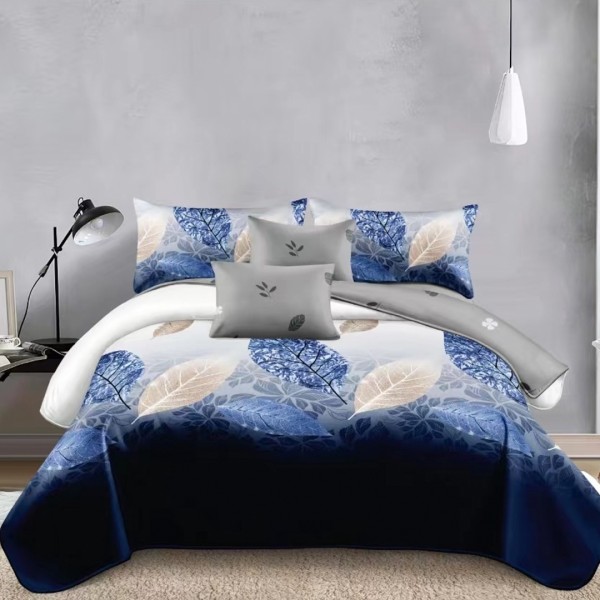 Lenjerie pat dublu (140x200cm, 160x200cm, 180x200cm), bumbac satinat, cearsaf clasic, 4 piese, Alb, Albastru, Frunze [1]