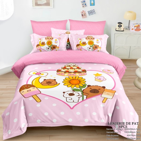 Lenjerie pat dublu (160x200cm, 180x200cm), FINET, cu ELASTIC, 6 piese, IDENTICA CU POZA, Roz, Capibara, Inimioare, Flori, Buline [1]