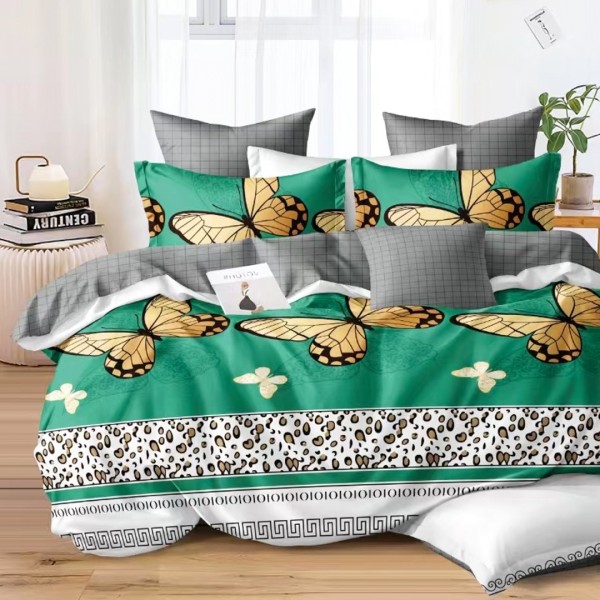 Lenjerie pat dublu (140x200cm, 160x200cm, 180x200cm), bumbac satinat, cearsaf clasic, 4 piese, Verde, Gri, Alb, Animal Print, Fluturi [1]