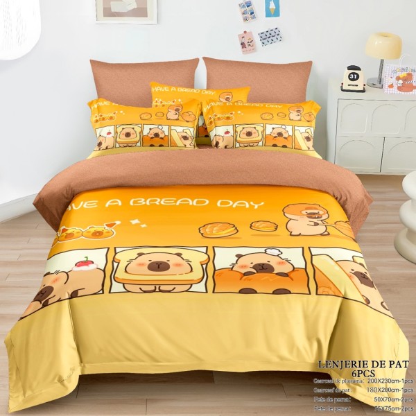 Lenjerie pat dublu (160x200cm, 180x200cm), FINET, cu ELASTIC, 6 piese, IDENTICA CU POZA, Galben, Maroniu, Capibara, Have a bread day [1]