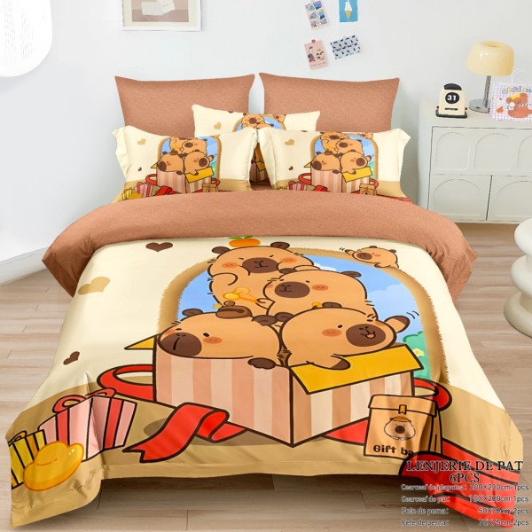 Lenjerie pat dublu (160x200cm, 180x200cm), FINET, cu ELASTIC, 6 piese, IDENTICA CU POZA, Bej, Maroniu, Capibare in cutie [1]