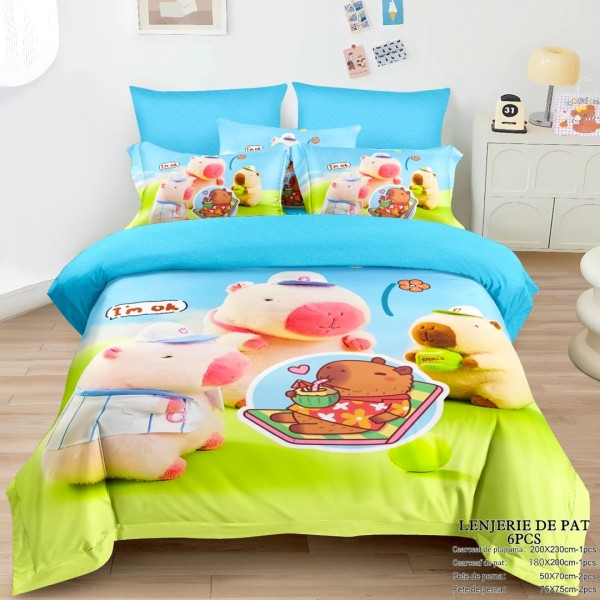 Lenjerie pat dublu (160x200cm, 180x200cm), FINET, cu ELASTIC, 6 piese, IDENTICA CU POZA, Bleu, Verde, Capibara [1]