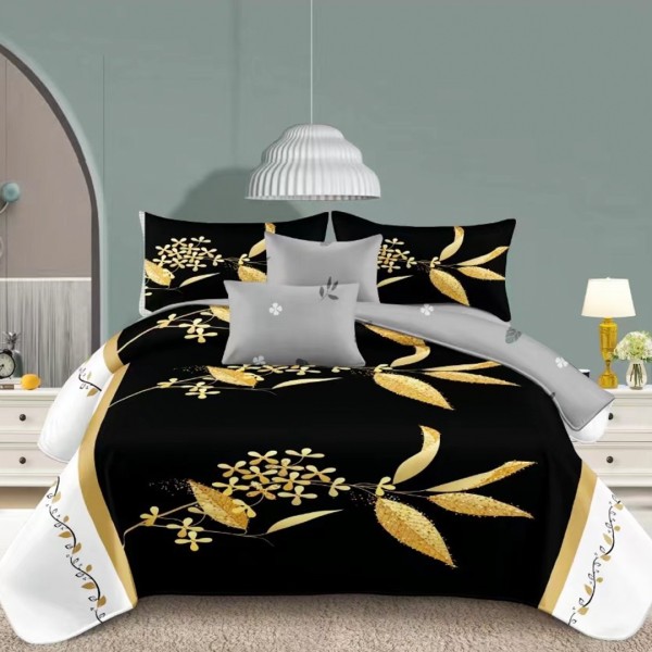 Lenjerie pat dublu (140x200cm, 160x200cm, 180x200cm), bumbac satinat, cearsaf clasic, 4 piese, Alb, Negru, Frunze Aurii [1]