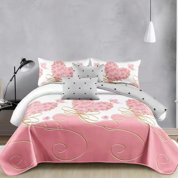 Lenjerie pat dublu (140x200cm, 160x200cm, 180x200cm), bumbac satinat, cearsaf clasic, 4 piese, Alb, Roz, Inimioare [1]