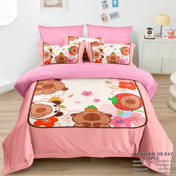 Lenjerie pat dublu (160x200cm, 180x200cm), FINET, cu ELASTIC, 6 piese, IDENTICA CU POZA, Roz, Capibara, Flori, Fructe [1]