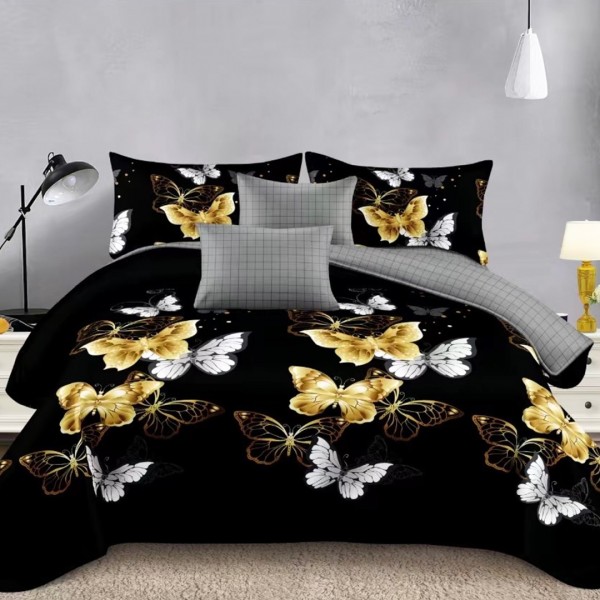 Lenjerie pat dublu (140x200cm, 160x200cm, 180x200cm), bumbac satinat, cearsaf clasic, 4 piese, Negru, Fluturi [1]