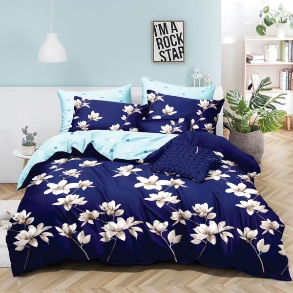 Lenjerie pat dublu (140x200cm, 160x200cm, 180x200cm), bumbac satinat, cearsaf clasic, 4 piese, Albastru, Magnolii [1]