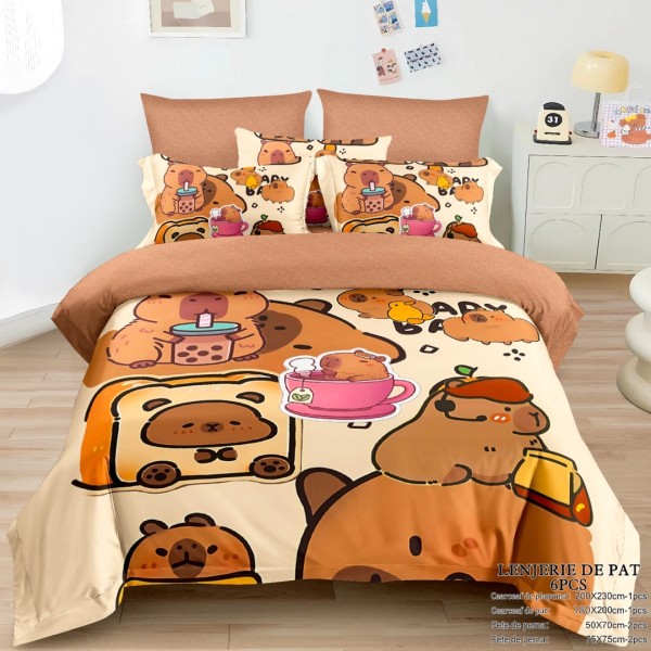Lenjerie pat dublu (160x200cm, 180x200cm), FINET, cu ELASTIC, 6 piese, IDENTICA CU POZA, Bej, Maroniu, Capibara [1]
