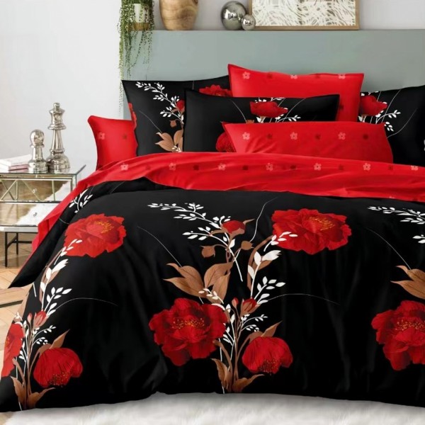 Lenjerie pat dublu (140x200cm, 160x200cm, 180x200cm), bumbac satinat, cearsaf clasic, 4 piese, Negru, Rosu, Trandafiri [1]