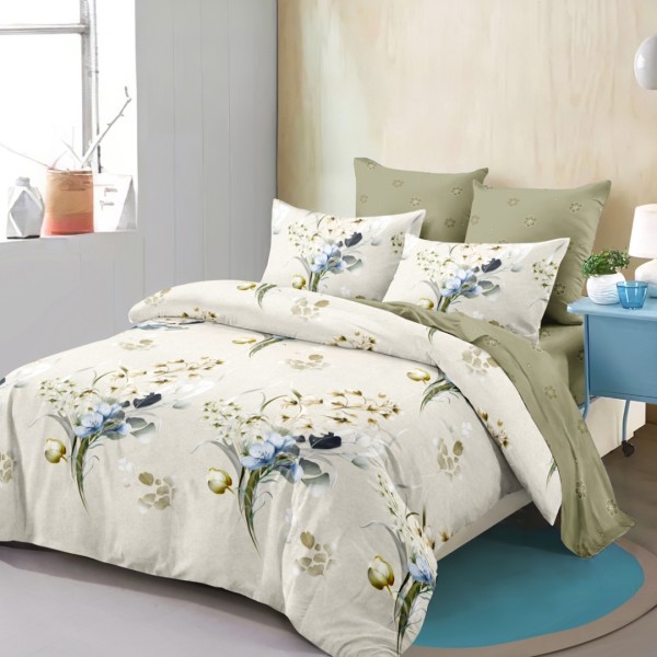 Lenjerie pat dublu,  FINET, cu elastic, 6 piese, Bej, Verzui, Flori [1]