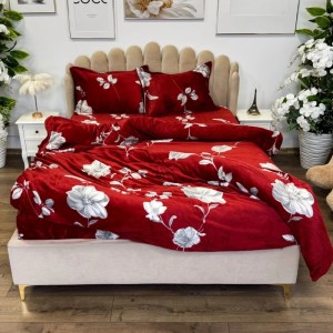 Lenjerie pat dublu, Super Pufoasa COCOLINO,cu ELASTIC, 4 piese, Grena, Flori