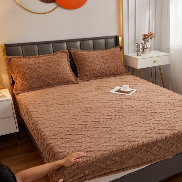Cearșaf cu Elastic Cocolino, Model 3D Tricotat, 180x200x25 cm – Set cu 2 Fețe de Pernă, Gros și Pufos, Maro [1]