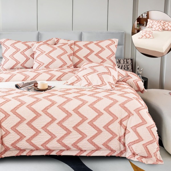 Lenjerie Pat Dublu, Cearsaf cu Elastic, 5 Piese, Bumbac 4 Anotimpuri Fin, Broderie Latoasa - Confort si Eleganta, Roz, Zig-Zag [1]