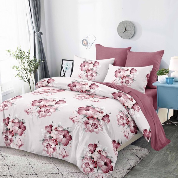 Lenjerie pat dublu,  FINET, cu elastic, 6 piese, Roz, Flori [1]