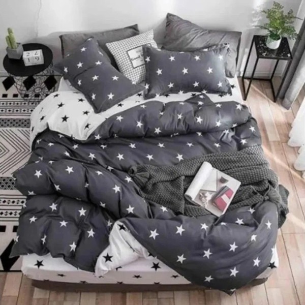 Lenjerie pat dublu, bumbac satinat, cu doua feţe, 4 piese,  Gri, Alb, stelute [1]