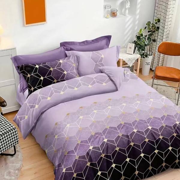 Lenjerie pat dublu, bumbac satinat, cu doua feţe, 4 piese,  Lila, Mov, forme geometrice [1]