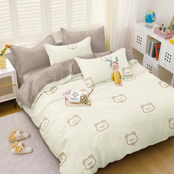 Lenjerie pat dublu cu Elastic (160x200cm si 180x200cm), bumbac satinat, Crem, ursuleti [1]