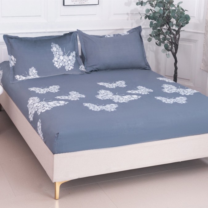 Cearșaf cu Elastic 180x200 cm + 2 Fețe de Pernă 50x70 cm – Bumbac Satinat Premium, Gri, Fluturi