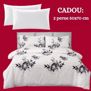 Lenjerie de Pat 4 Piese din Bumbac Satinat cu Cearsaf cu Elastic + 2 Perne Cadou 50x70 cm, cod INS-LSG504