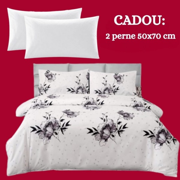 Lenjerie de Pat 4 Piese din Bumbac Satinat cu Cearsaf cu Elastic + 2 Perne Cadou 50x70 cm, cod INS-LSG504 [1]