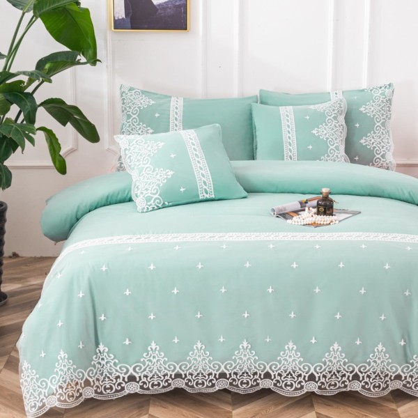 Lenjerie pat dublu,  Fin cu Dantela si Broderie Rafinata, CEARSAF CU ELASTIC, 6 piese, Menta [1]