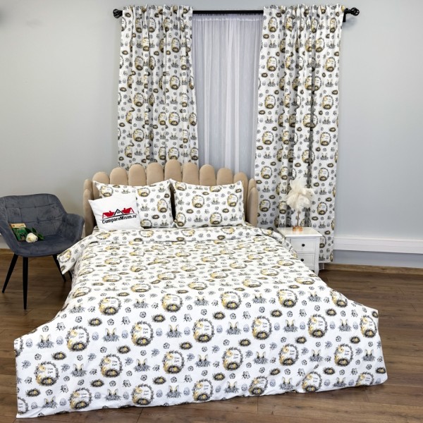 Set Lenjerie Pat Dublu 4 Piese + 2 Draperii 150x235cm din Bumbac Ranforsat – Confort și Eleganță, Fabricat în România, Alb, Galben, Iepurasi [1]