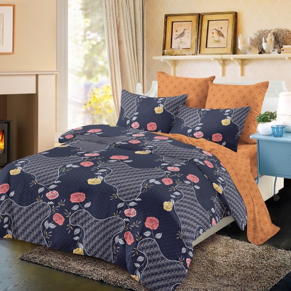 Lenjerie pat dublu,  FINET, cu elastic, 6 piese, Bleumarin, Caramiziu, Flori [1]