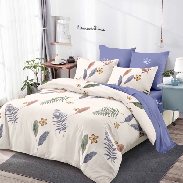Lenjerie pat dublu,  FINET, cu elastic, 6 piese, Crem, Bleu, Flori [1]