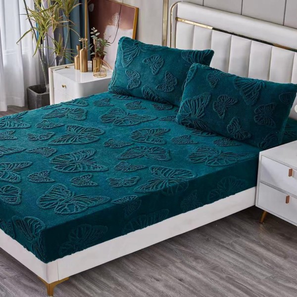 Cearșaf Cocolino 180/200 cm – Elastic 360°,  + 2 Fete Perna, Model Fluturi 3D, Moale și Călduros, Verde Petrol [1]