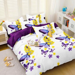 Lenjerie pat dublu cu Elastic, Alb, Mov, fluturi