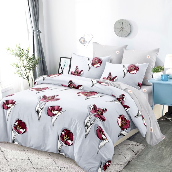 Lenjerie pat dublu,  FINET, cu elastic, 6 piese, Gri, Lalele [1]