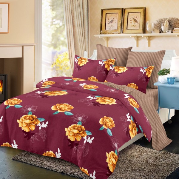 Lenjerie pat dublu,  FINET, cu elastic, 6 piese, Visiniu, Maro, Flori [1]