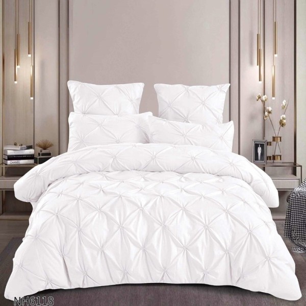 Lenjerie Pat Dublu, Premium,  Finet cu Pliuri Brodate, cu Elastic, 6 Piese, Nesifonabilă și Durabilă, Alb [1]