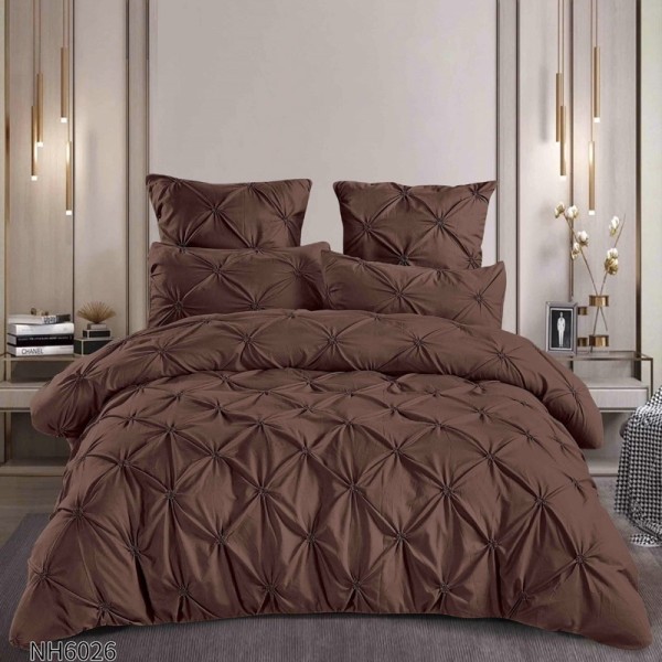 Lenjerie Pat Dublu, Premium,  Finet cu Pliuri Brodate, cu Elastic, 6 Piese, Nesifonabilă și Durabilă, Maro [1]