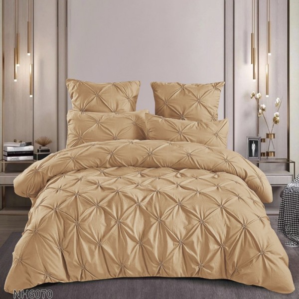 Lenjerie Pat Dublu, Premium,  Finet cu Pliuri Brodate, cu Elastic, 6 Piese, Nesifonabilă și Durabilă, Bej [1]