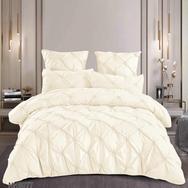 Lenjerie Pat Dublu, Premium,  Finet cu Pliuri Brodate, cu Elastic, 6 Piese, Nesifonabilă și Durabilă, Crem [1]