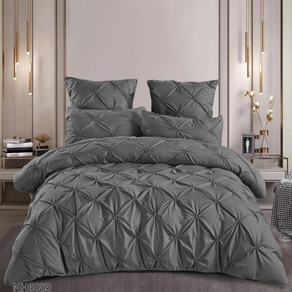 Lenjerie Pat Dublu, Premium,  Finet cu Pliuri Brodate, cu Elastic, 6 Piese, Nesifonabilă și Durabilă, Gri inchis [1]