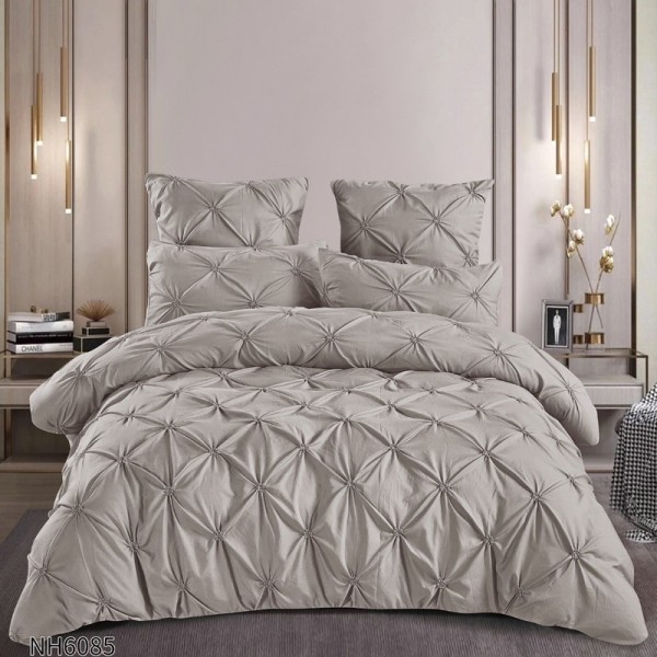 Lenjerie Pat Dublu, Premium,  Finet cu Pliuri Brodate, cu Elastic, 6 Piese, Nesifonabilă și Durabilă, Gri deschis [1]